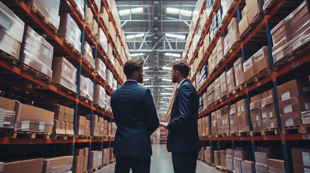 Two men standing in a fully-Stocked warehouse